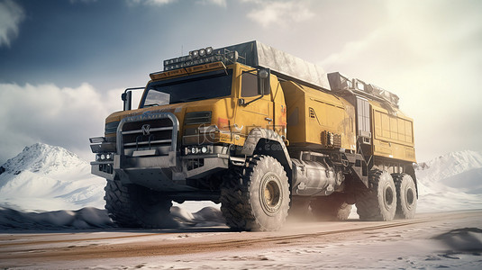 3D 插图展示了一辆坚固的卡车，准备好在遥远的地区进行富有挑战性的探险