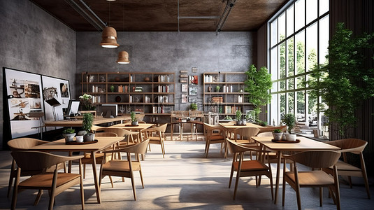 就餐背景图片_咖啡馆多功能区域的 3D 渲染，非常适合工作或就餐