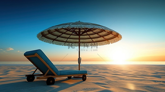 海滩日落时棕榈树蓝天和沙滩伞椅的 3D 渲染