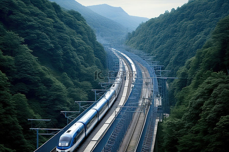 火车蓝背景图片_一列蓝白相间的火车穿过群山
