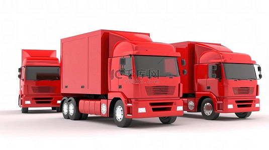 白色背景，三辆红色送货卡车在 3D 渲染物流中
