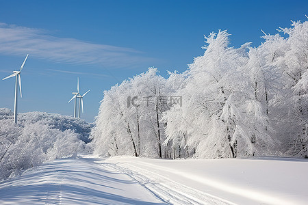 雪地里的风力涡轮机，背景是树木