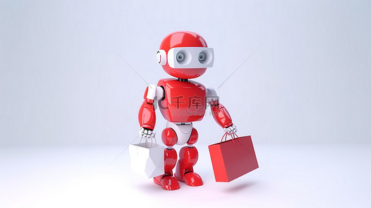 可爱的 ai 机器人拿着一个红色的购物袋，在白色背景上进行 3d 渲染