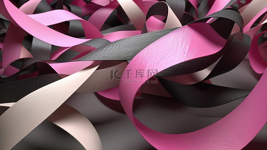 对象立体背景图片_彩色立体条纹与 3D 插图中飞翔的粉红丝带相遇
