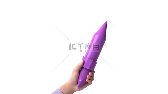 3D 渲染的卡通手抓着白色背景下的紫色纸火箭