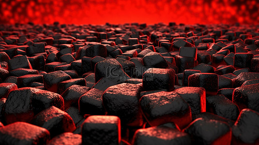 红色背景与花背景图片_红色地板背景与黑色立方体 3D 渲染图像