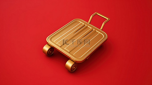 哑光红色背景上的行李车 3d 金色符号的图标