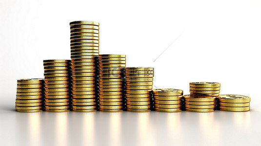 3d 渲染金币收入图，白色背景上堆积美元硬币，代表省钱概念