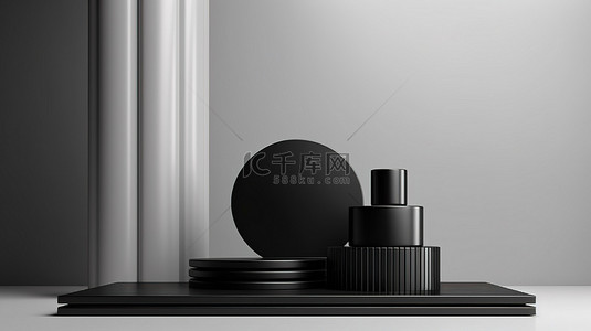 方形黑色框背景图片_用于 3D 化妆品展示的时尚黑色讲台设计