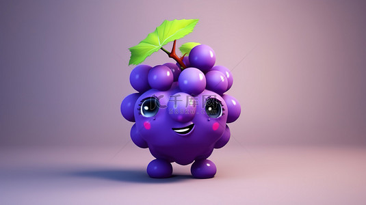 卡通吃西瓜的孩童插图背景图片_紫色葡萄的卡通风格 3D 渲染