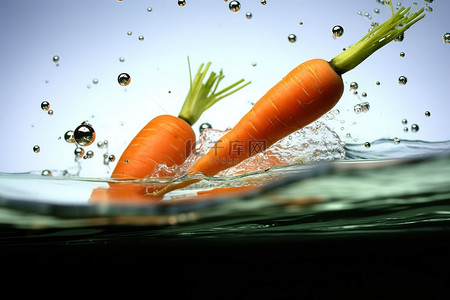 三种蔬菜被淹没在水里，溅起水花