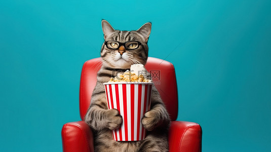 蓝色猫爪背景图片_有趣的时髦猫戴着 3D 眼镜，在蓝色背景下的电影院里嚼着爆米花，喝着可乐