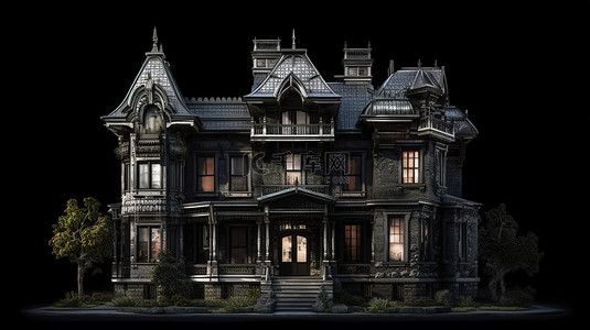维多利亚风格的住宅位于深色背景上，以 3D 渲染，可从不同角度观看