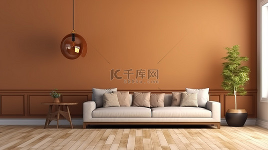 现代客厅中时尚的棕色沙发，配有木地板侧视图 3D 渲染