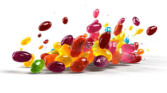 可口豆背景图片_爆炸性果冻豆彩色白色背景 3D 插图上的爆裂糖果