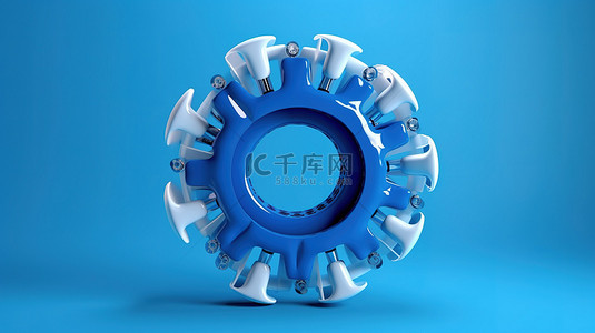 蓝色背景上具有独特形状的塑料轮 3D 插图展示形式和机制