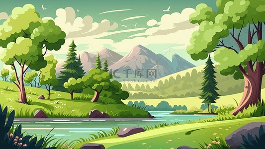 夏天树背景背景图片_河岸大树远山插画背景