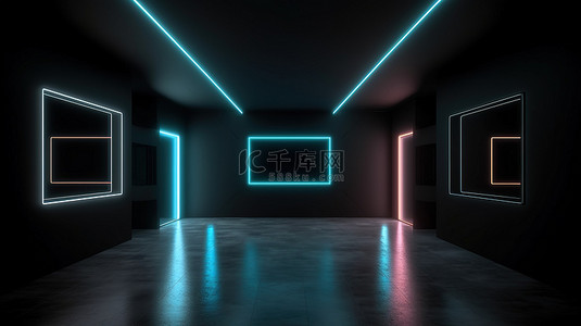发光霓虹灯背景图片_虚拟现实展示室 3D 渲染空白空间，带有黑色和深色发光霓虹灯