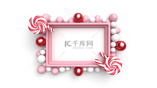 白色圣诞边框背景图片_白色背景隔离糖果棒棒糖矩形框架的 3D 渲染