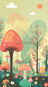 草地树林风景背景图片_蘑菇树木神秘的森林自然背景卡通风景