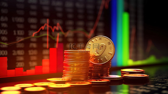 上女背景图片_投资市场数据的 3D 插图显示硬币和带有向上箭头的增长图表