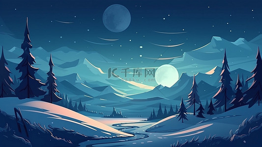 夜晚山脉月亮冬季背景