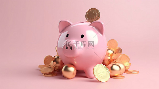 浅粉色 3D 演示中散落在粉色存钱罐周围的金币