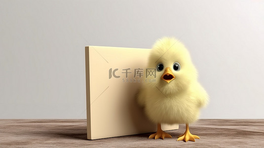 疫情打羽毛球背景图片_3D 描绘的带有空白标志的小鸡