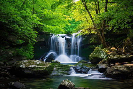 绿色森林中的瀑布长满了茂密的树叶
