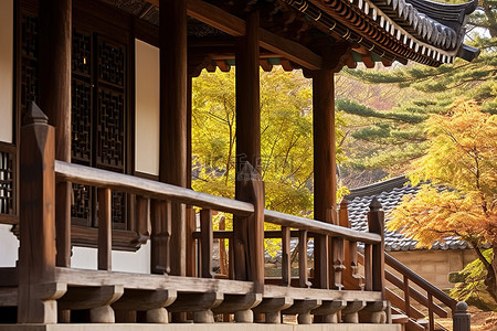 亚洲文化背景图片_带木楼梯和亚洲房屋的木制休息区