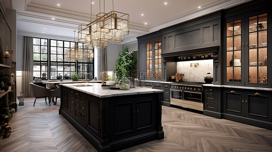 时尚而精致的厨房设计，配有深色家具简约的外墙和豪华的大理石台面 3D 渲染