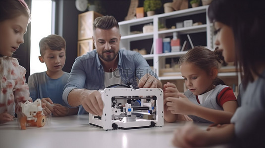 年轻男老师在学校机器人课上向孩子们展示未来派 3D 打印技术