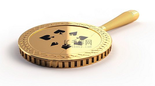 白色背景上的黑桃装饰金色扑克筹码的 3D 插图