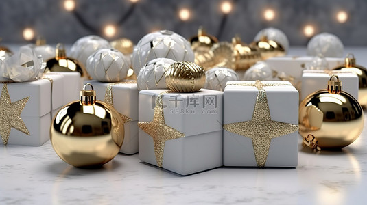 圣诞节派对背景图片_金色和白色 3D 圣诞节渲染与星星和礼品盒装饰品