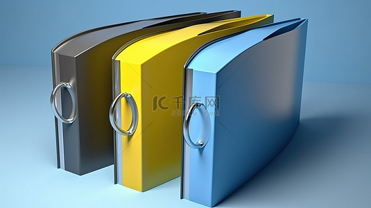 黄色表面在 3D 渲染中承载蓝色和灰色的活页夹