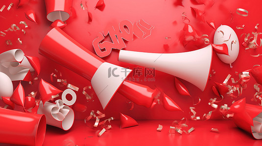 3d 渲染销售横幅中的红布横幅扩音器气球和五彩纸屑