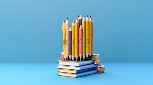 学术思想铅笔搁在蓝墙上，周围环绕着 3D 渲染的书籍