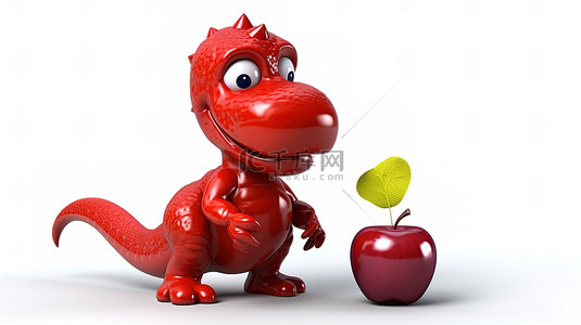 有趣的 3D 红色恐龙，手里拿着苹果