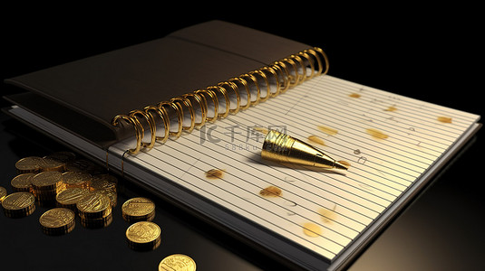 闪闪发光的金币环绕着 3d 渲染的数字笔记本