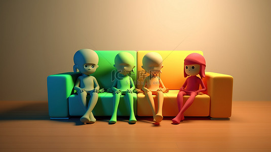 卡通坐着的情侣背景图片_沙发座位 3D 插图，孩子们一起放松
