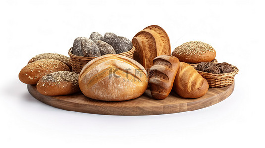 面包面粉背景图片_放置在白色背景上的面包产品的渲染 3D 图像