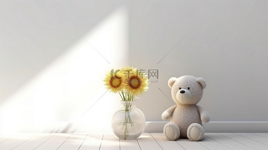 精致的插花和毛绒泰迪熊装饰着原始的白色桌面 3D 渲染图像