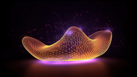 紫色背景上的 3D 渲染闪闪发光的金色线框形式