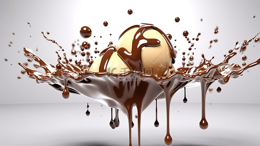 巧克力融化字背景图片_3D 插图巧克力飞溅与具有剪切路径的水滴