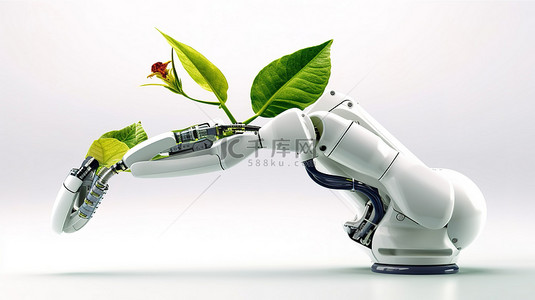 农业技术概念中机械臂持有植物的孤立 3D 渲染