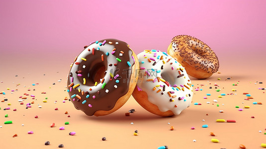 各种釉面飞行甜甜圈与巧克力片和洒在 3D 创建的柔和背景上