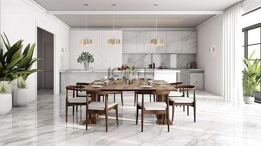 现代餐厅和厨房空间采用木质和大理石纹理，采用 3D 渲染的时尚全白色设计