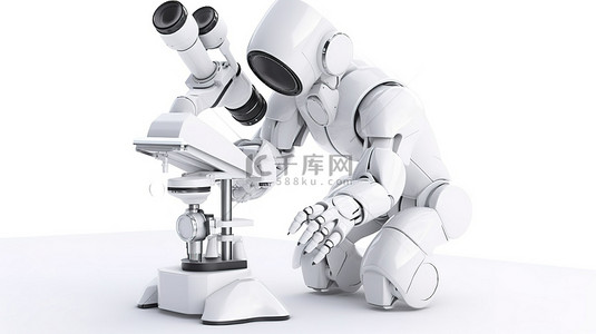 白色背景下 3d 渲染中的机器人显微镜操作