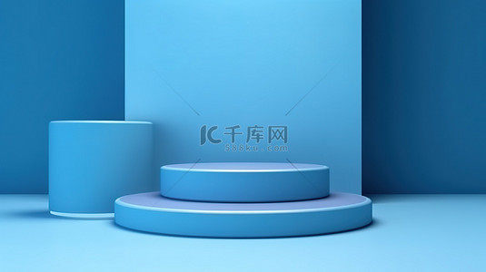 蓝色几何极简背景图片_极简主义 3D 渲染空入口，带有蓝色圆柱讲台，用于广告产品或服务