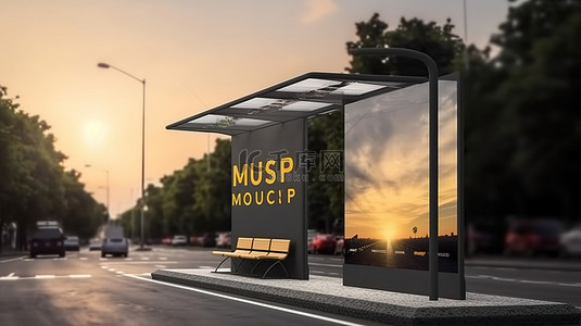 城市公交背景图片_3D 渲染中的时尚公交车站广告展示